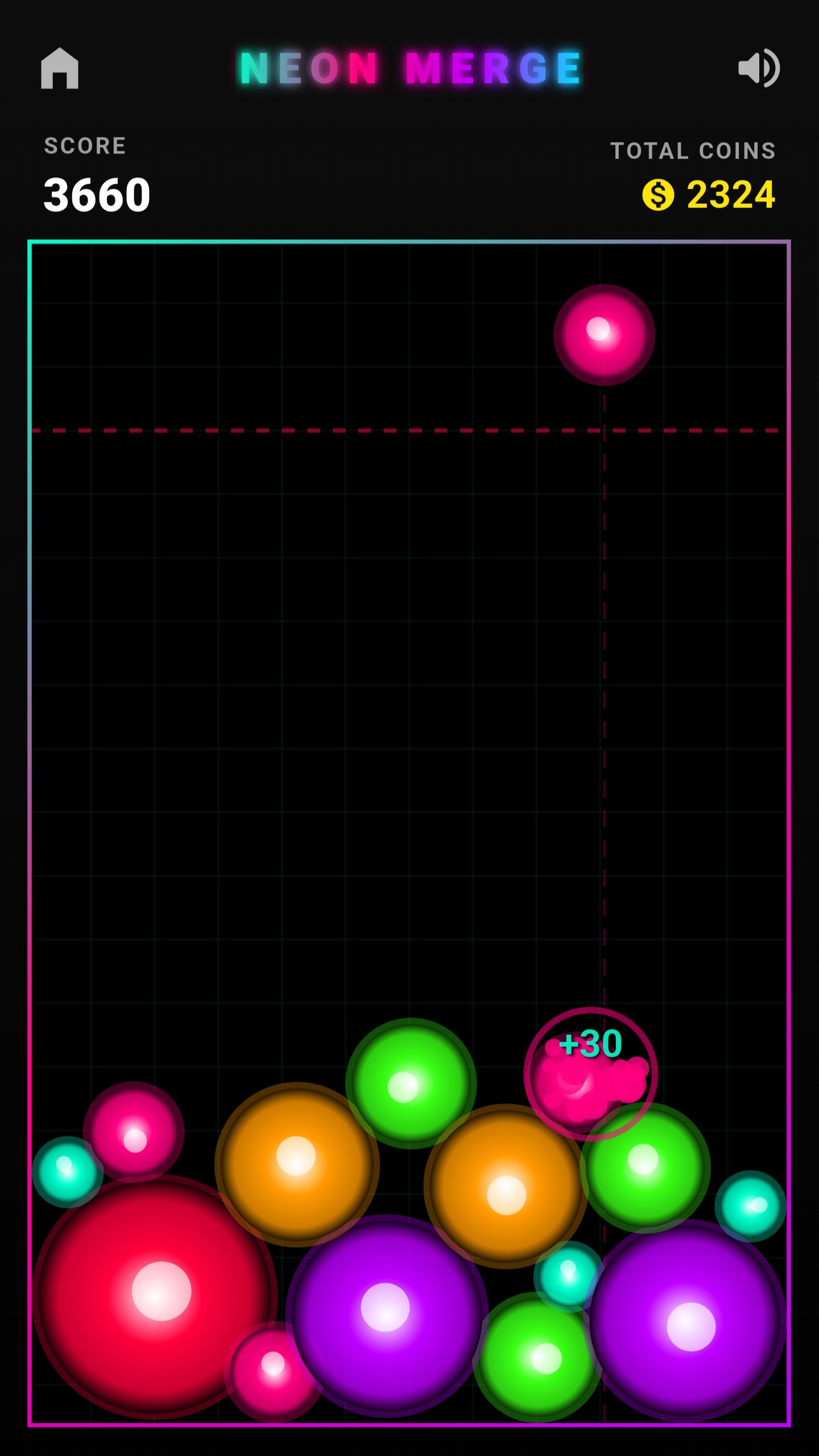 Neon Merge game over screen with revive and replay actions