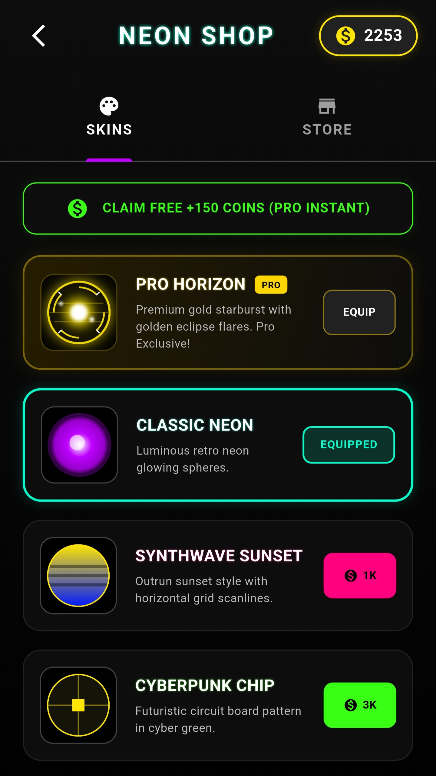 Neon Merge shop screen with unlockable neon skins